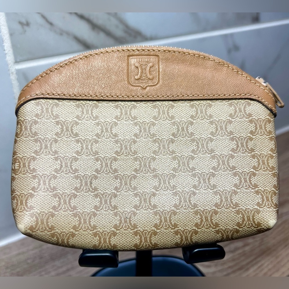 Celine Tan and Cream Cosmetic Bag with Monogram Pattern